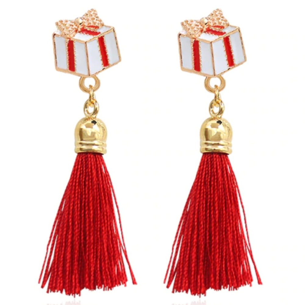Gold Christmas Present Red Tassel Drop Earrings